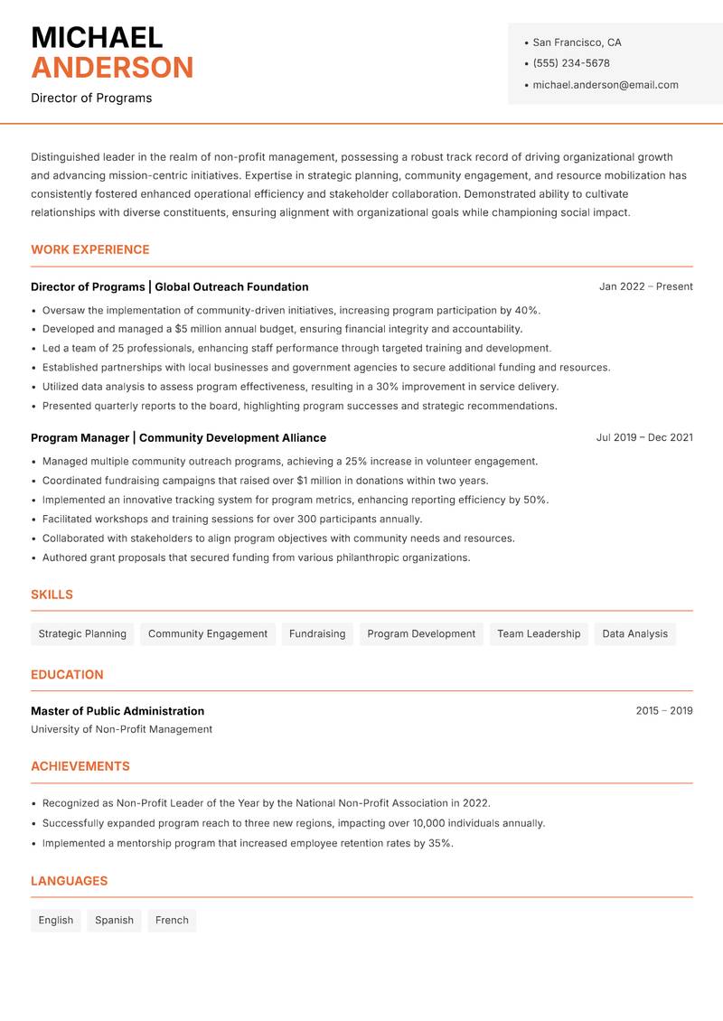 Director of Non-Profit Management Resume Template