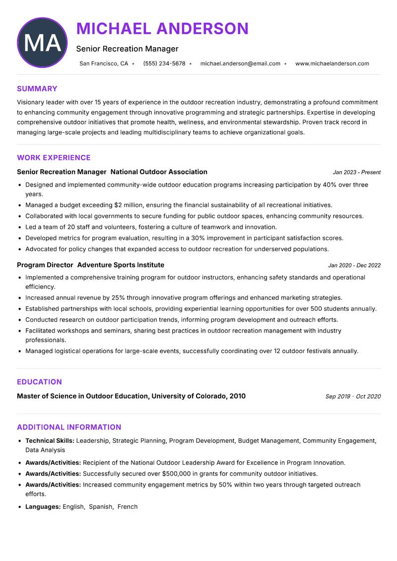 Director of Outdoor Recreation Resume Preview Example