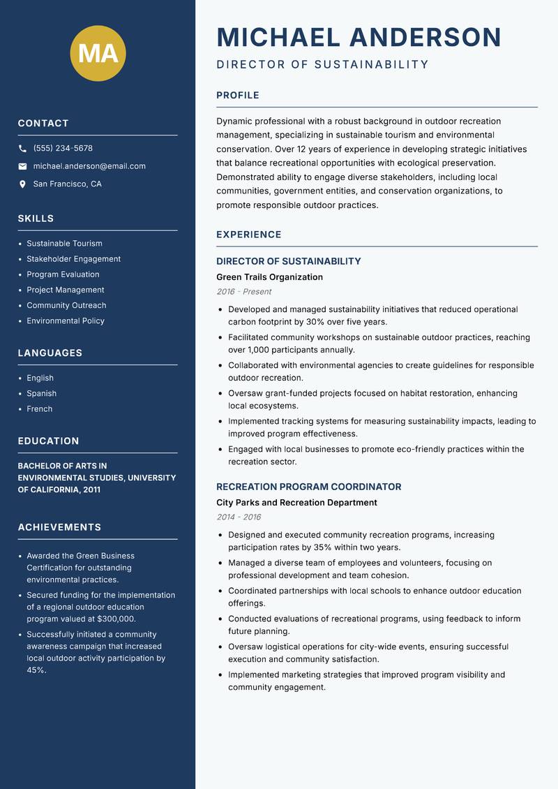 Director of Outdoor Recreation Resume Preview Example