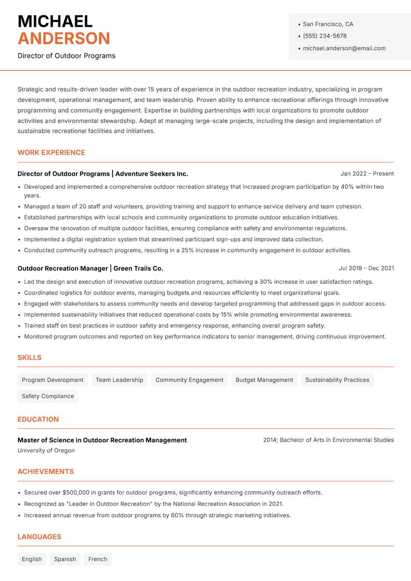 Director of Outdoor Recreation Resume Template
