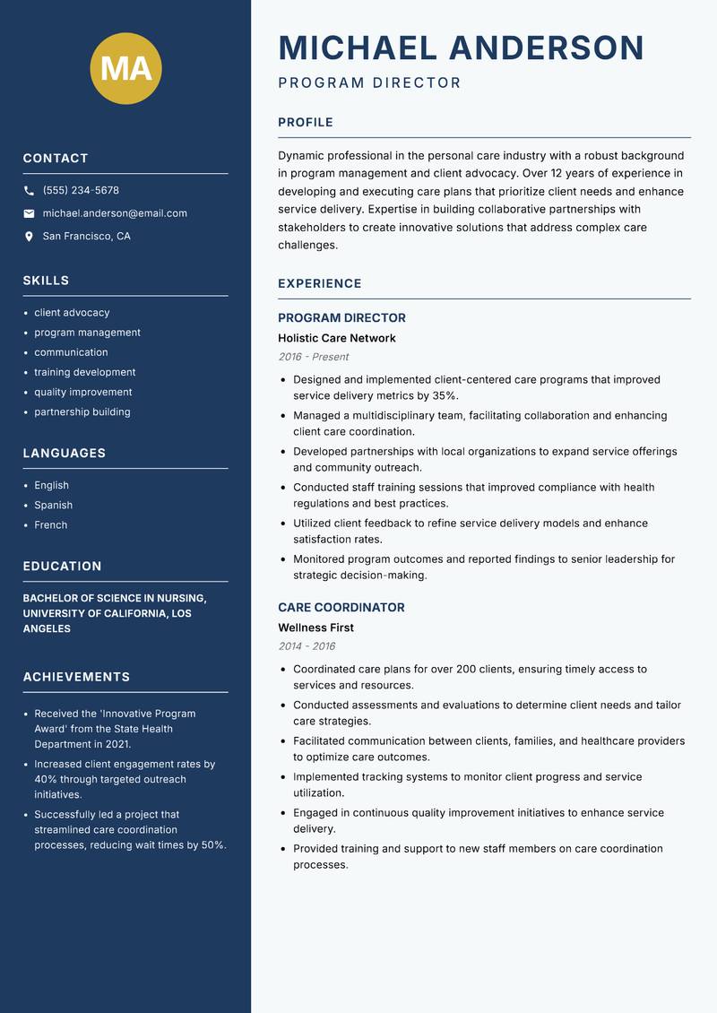 Director of Personal Care Resume Preview Example