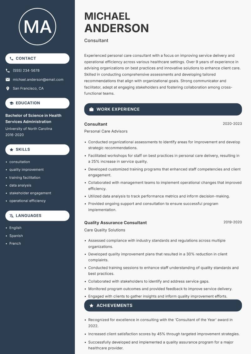 Director of Personal Care Resume Preview Example