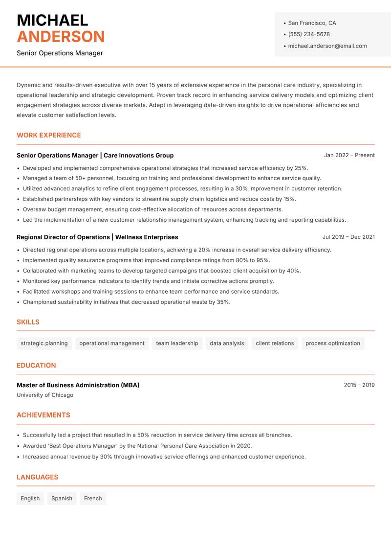 Director of Personal Care Resume Template