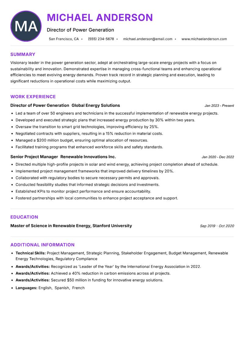 Director of Power Generation Resume Preview Example