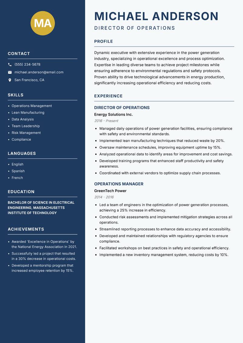 Director of Power Generation Resume Preview Example