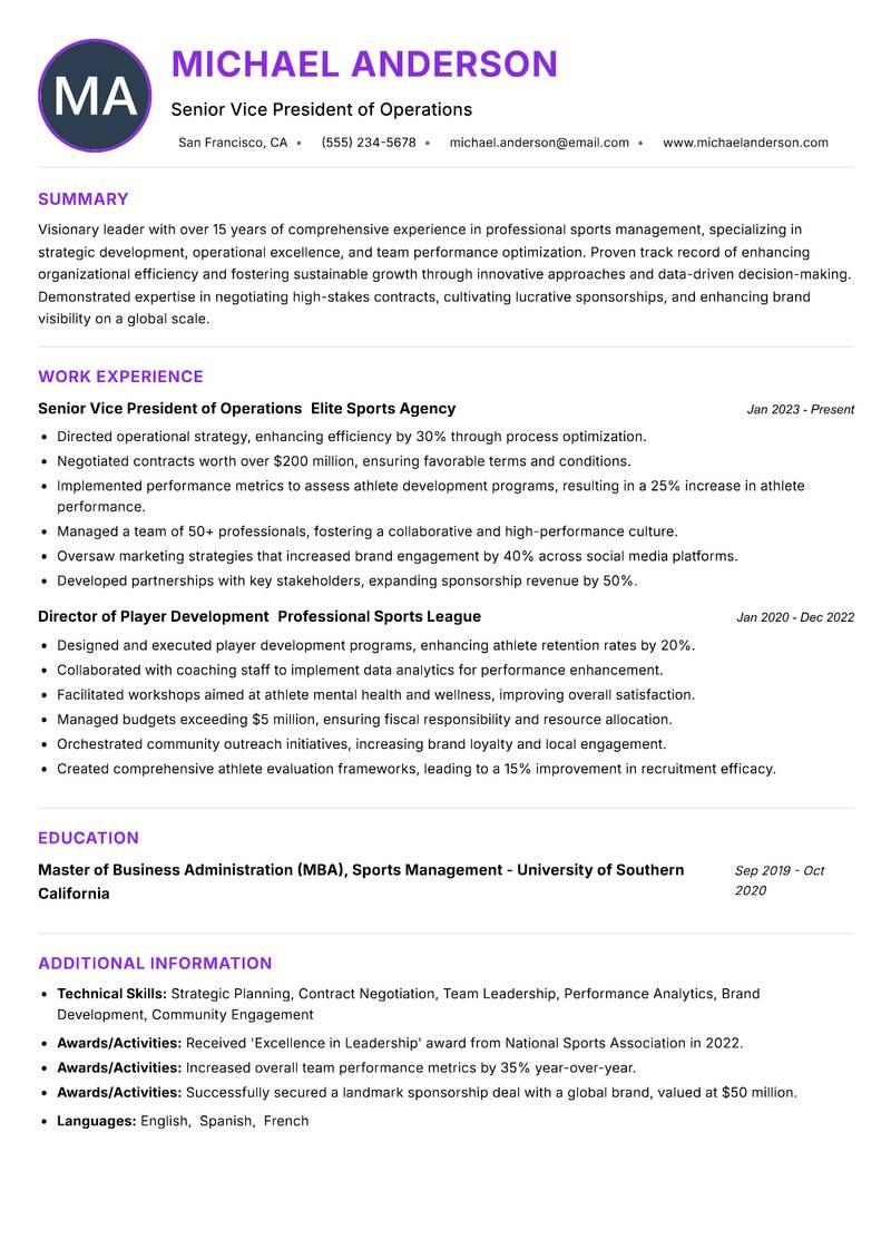 Director of Professional Sports Resume Preview Example