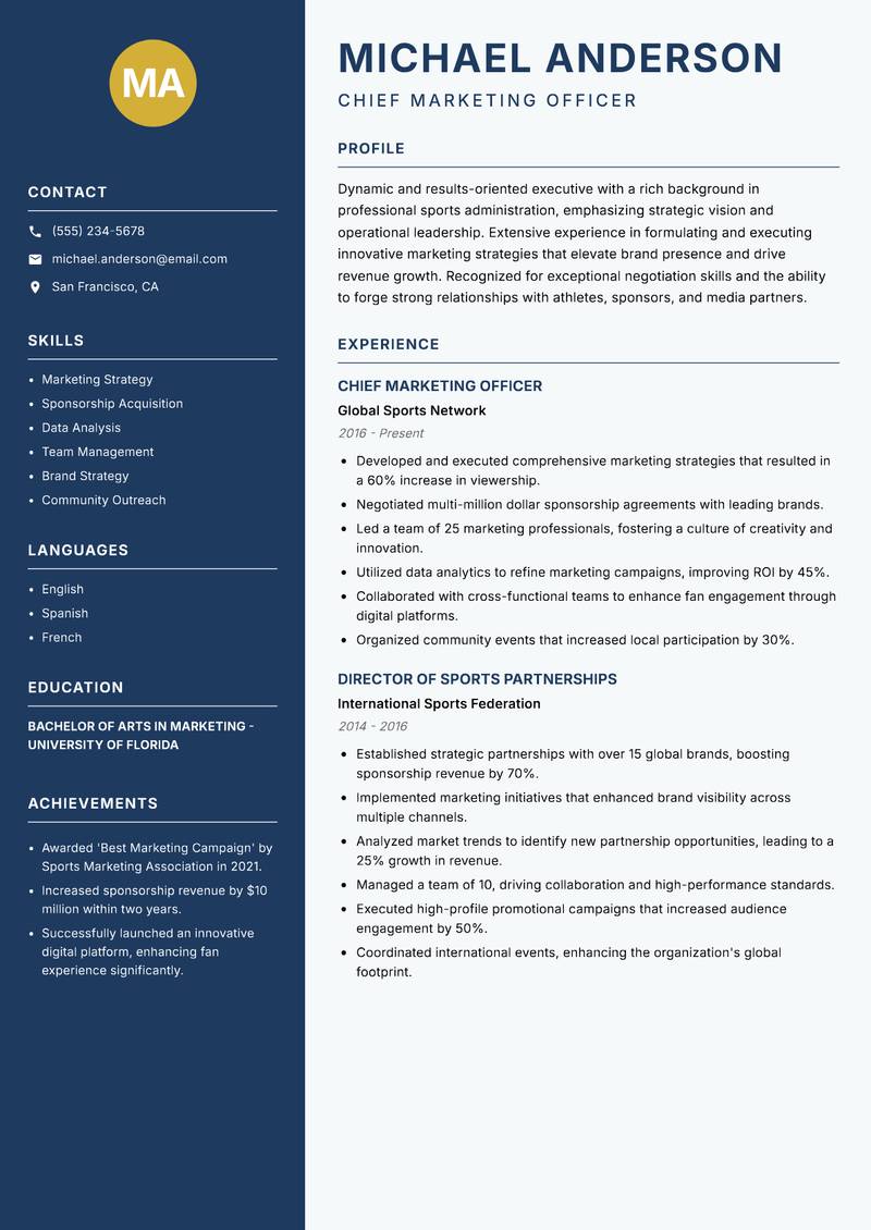 Director of Professional Sports Resume Preview Example