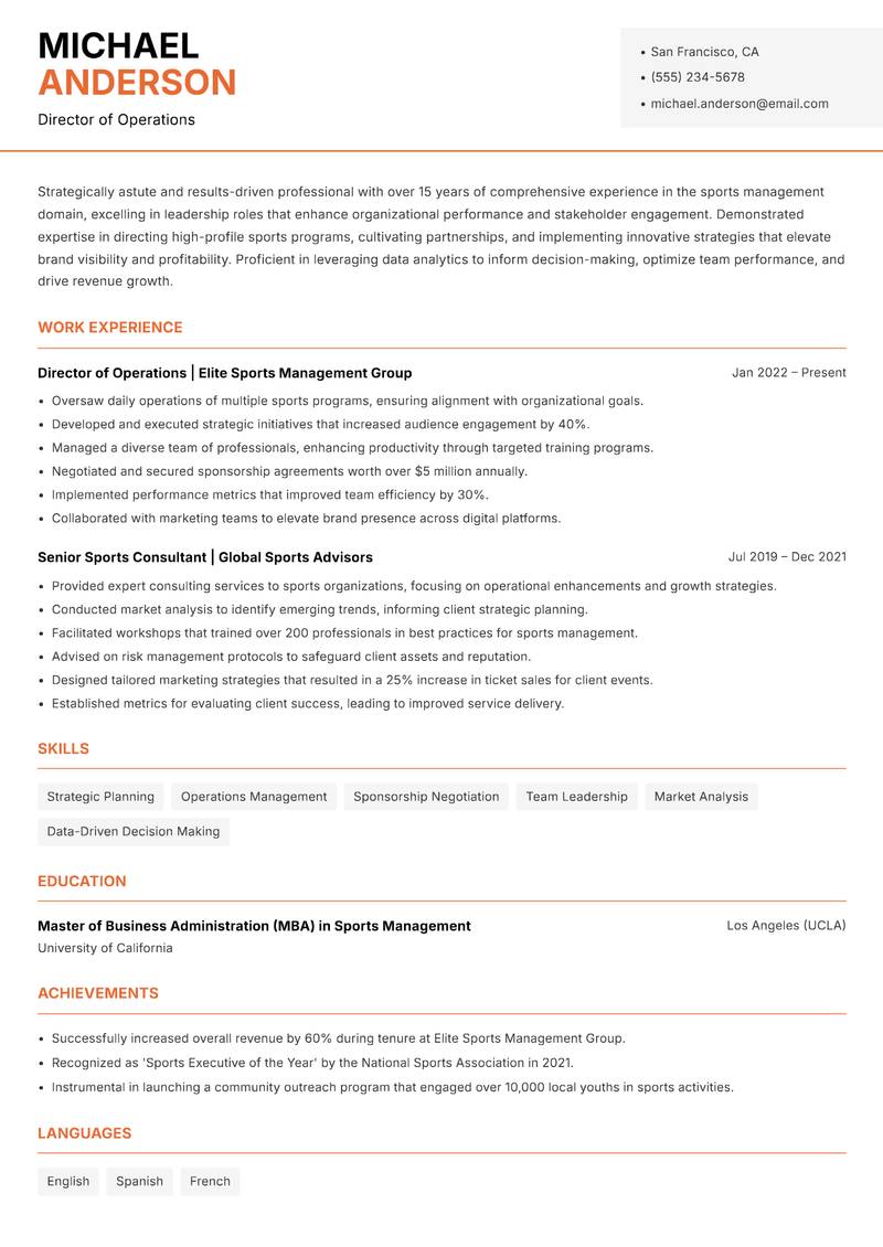 Director of Professional Sports Resume Template