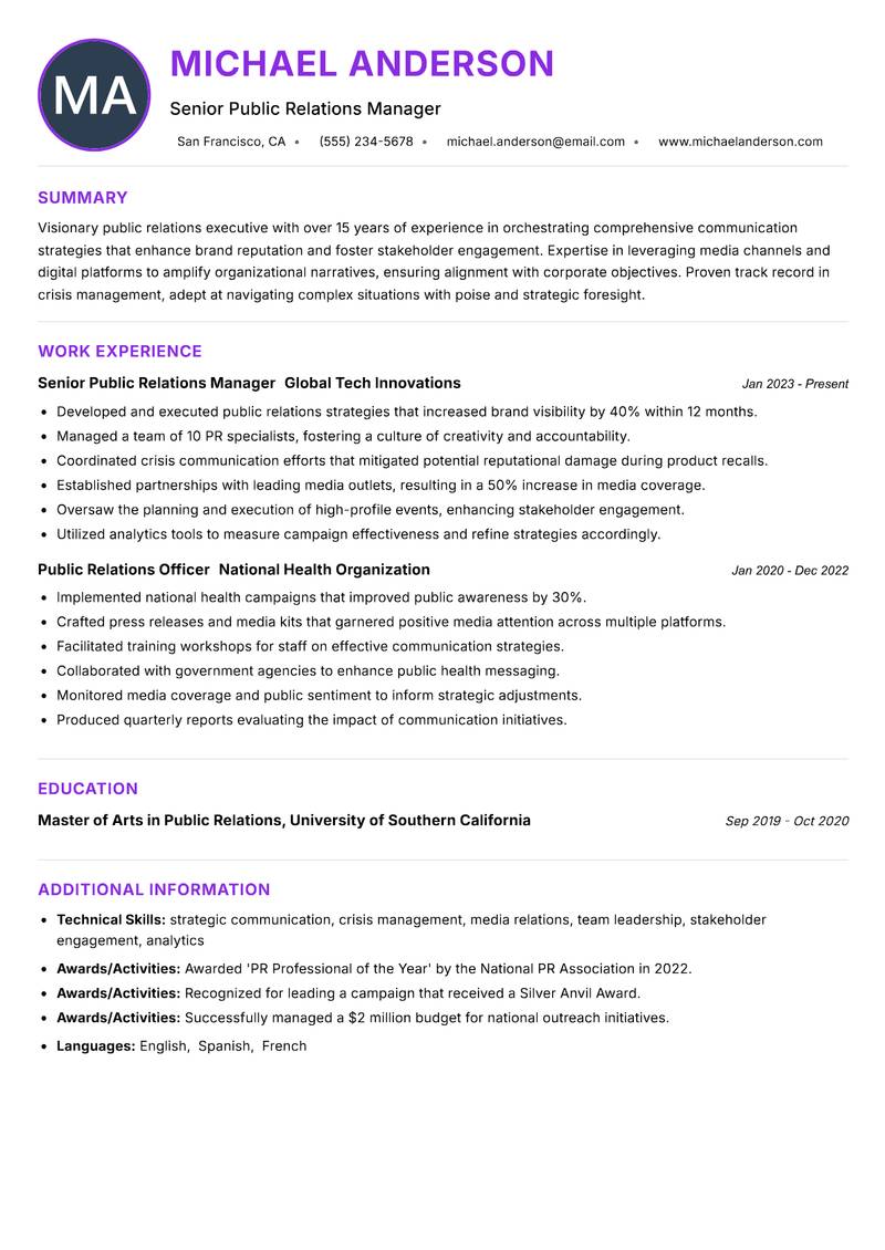 Director of Public Relations Resume Preview Example