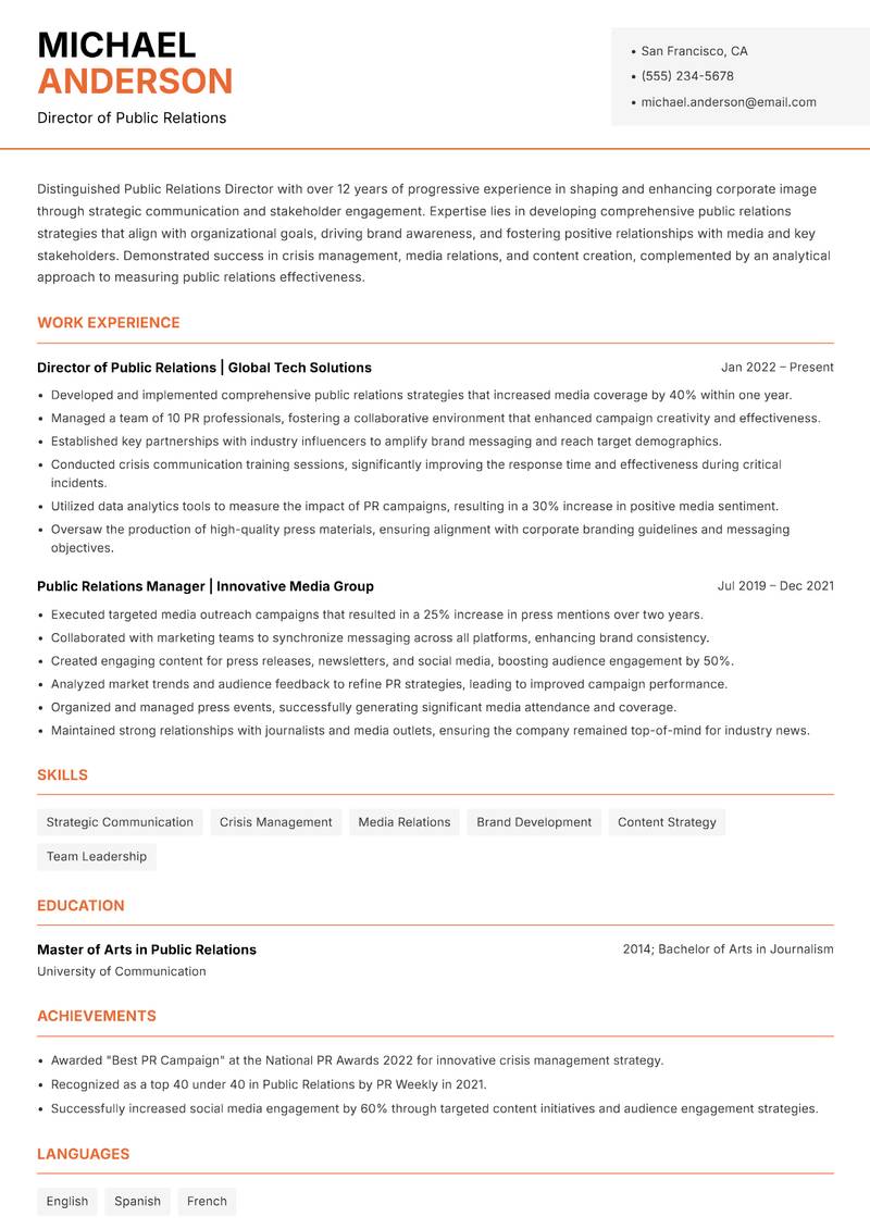 Director of Public Relations Resume Template