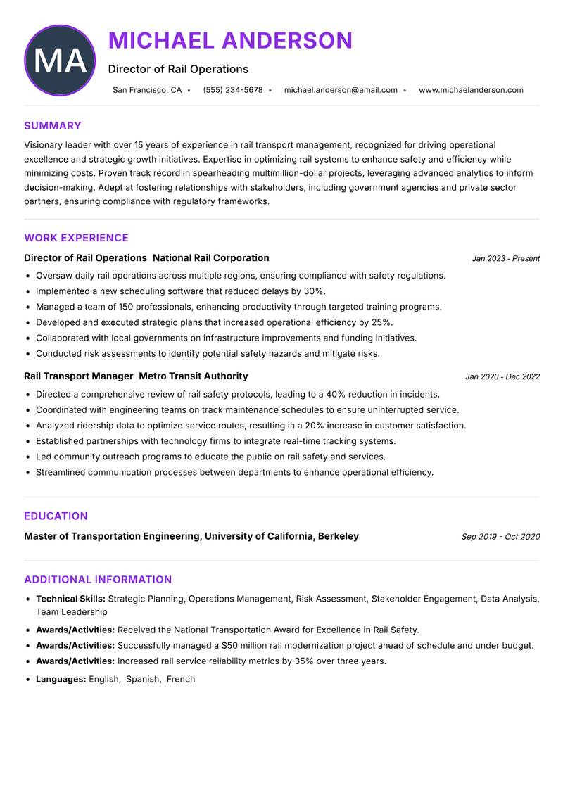 Director of Rail Transport Resume Preview Example