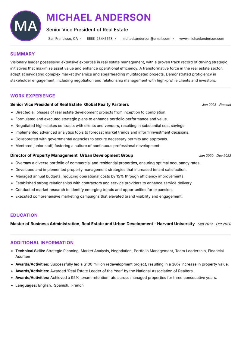 Director of Real Estate Resume Preview Example
