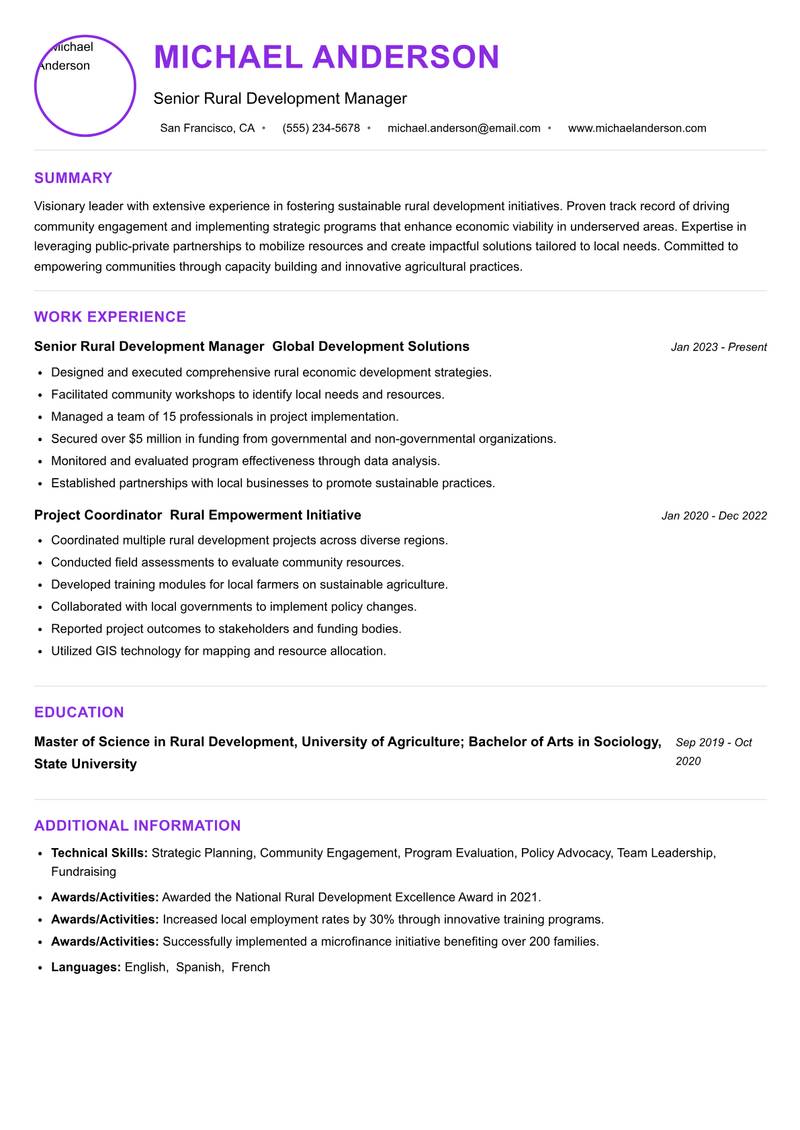 Director of Rural Development Resume Preview Example