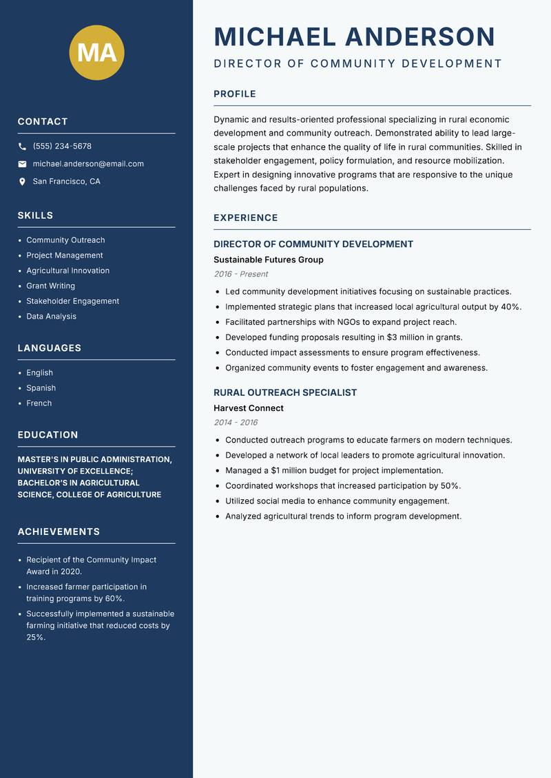 Director of Rural Development Resume Preview Example