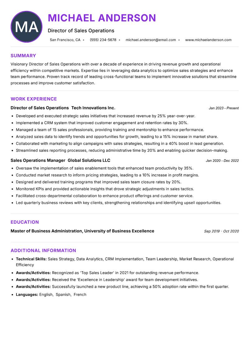 Director of Sales Operations Resume Preview Example