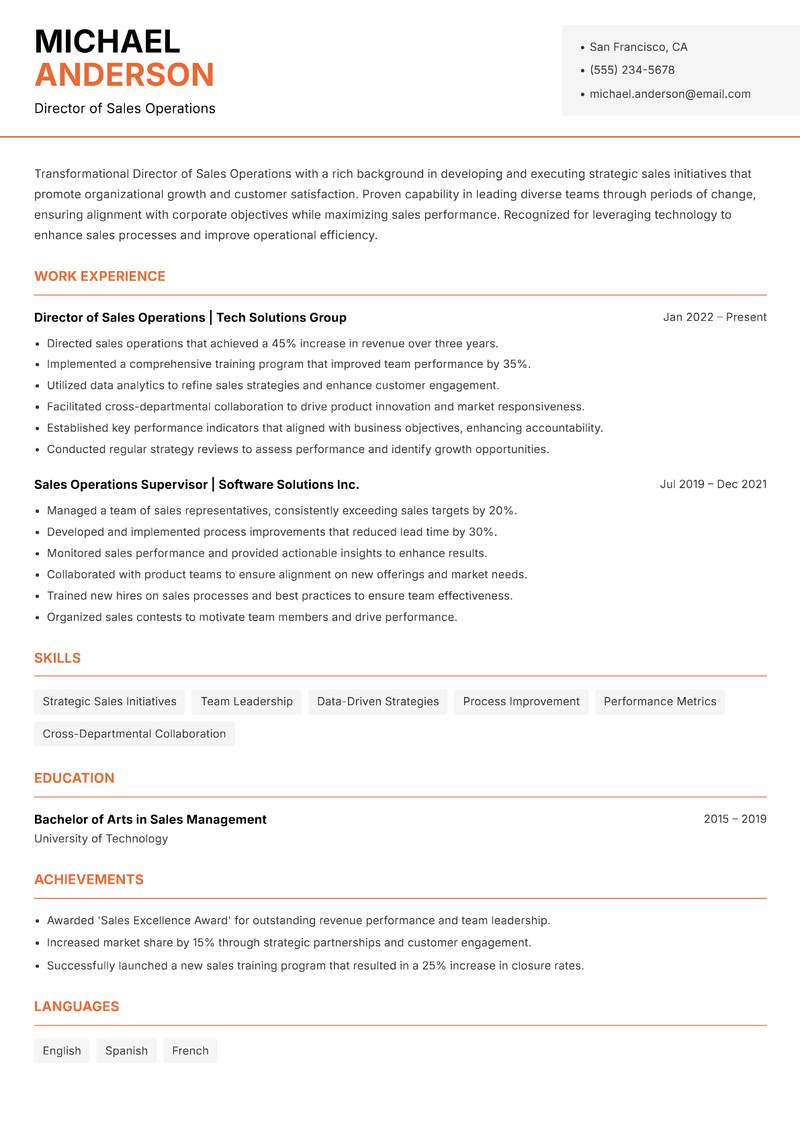 Director of Sales Operations Resume Template
