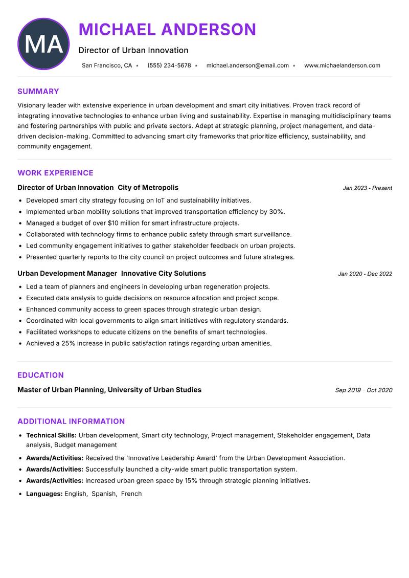 Director of Smart City Programs Resume Preview Example