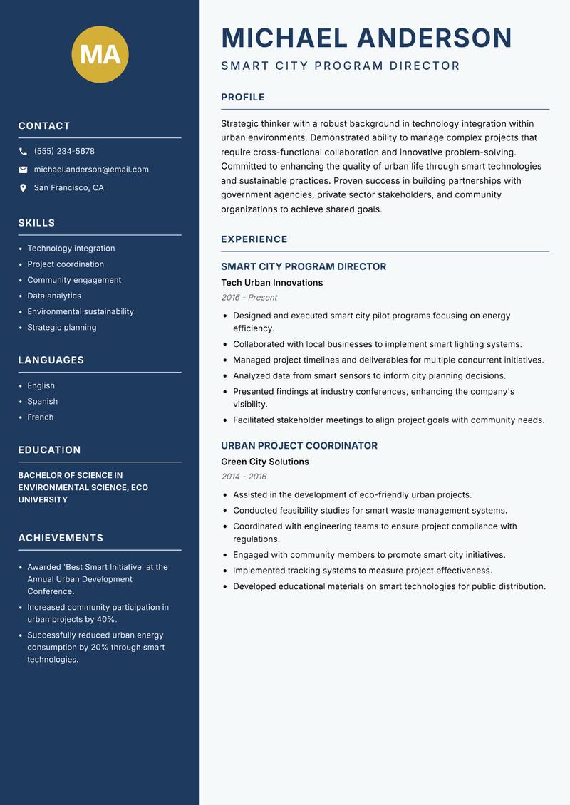 Director of Smart City Programs Resume Preview Example