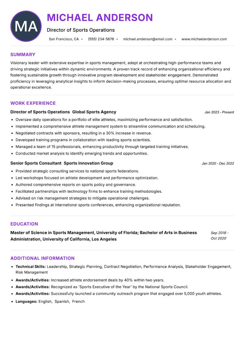 Director of Sports Management Resume Preview Example