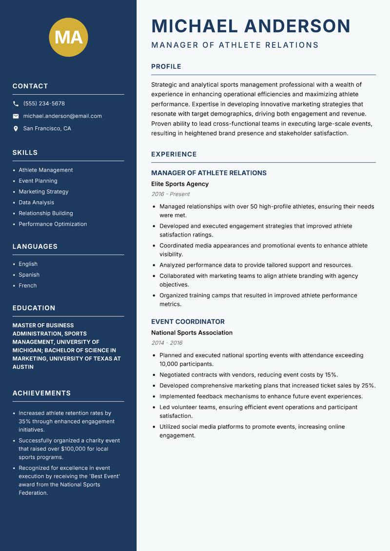 Director of Sports Management Resume Preview Example
