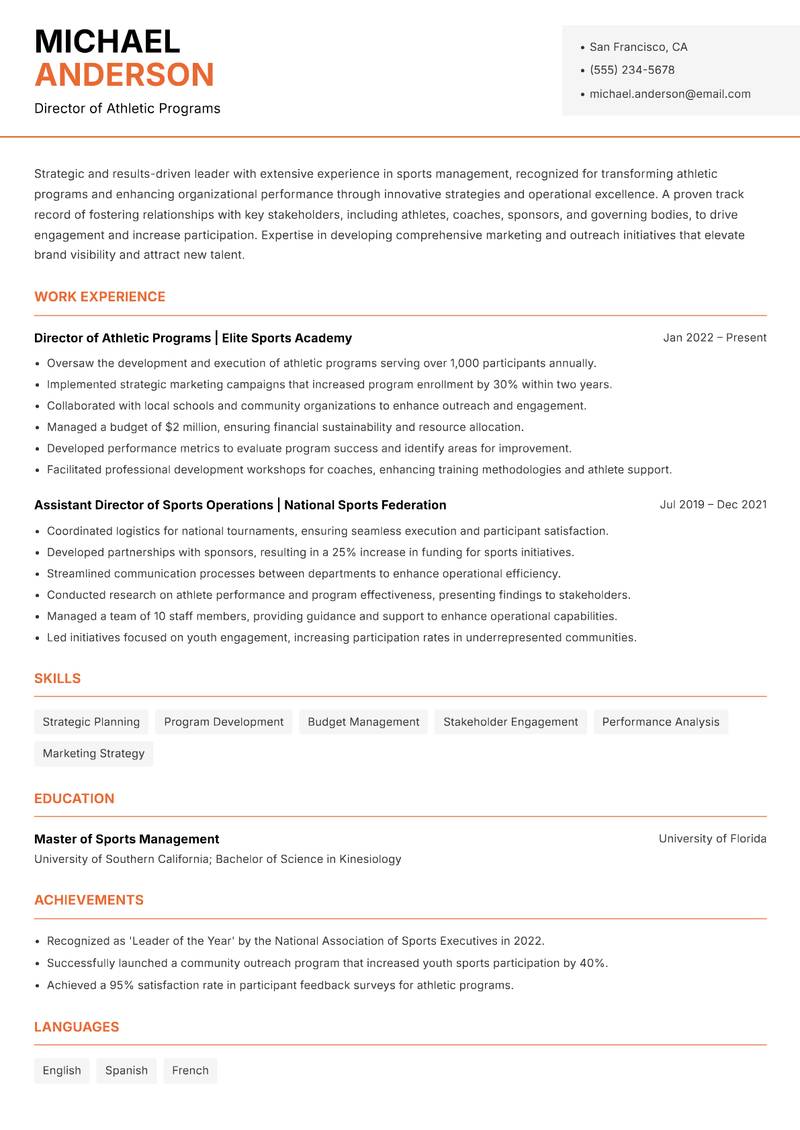 Director of Sports Management Resume Template