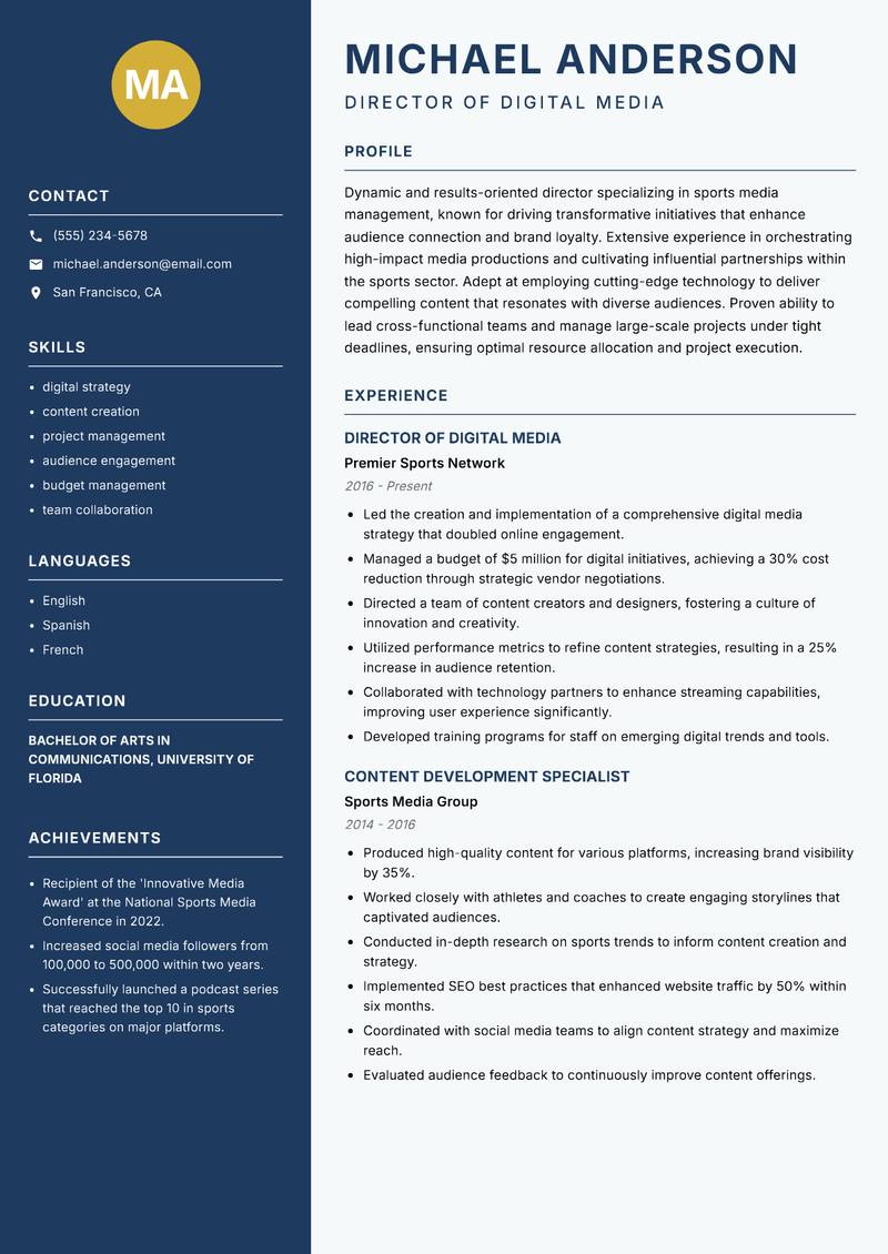 Director of Sports Media Resume Preview Example