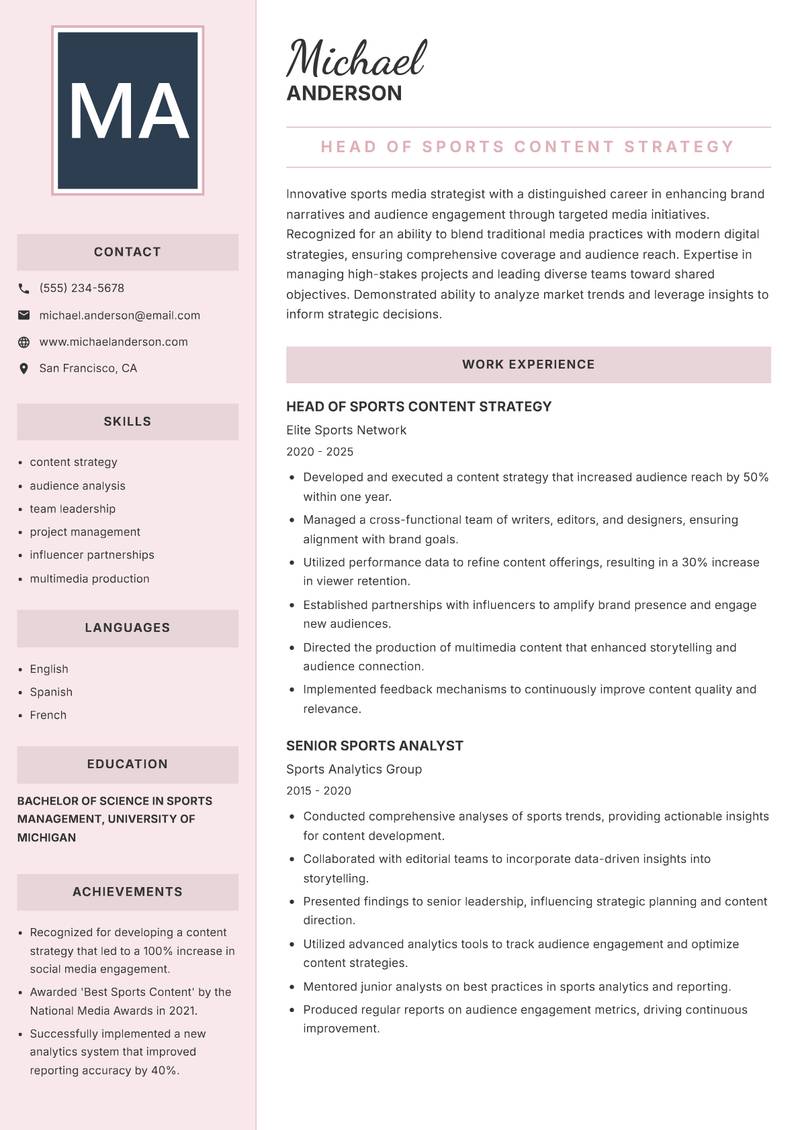 Director of Sports Media Resume Preview Example