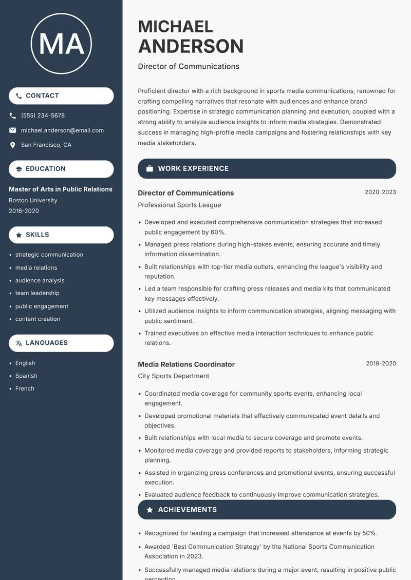 Director of Sports Media Resume Preview Example