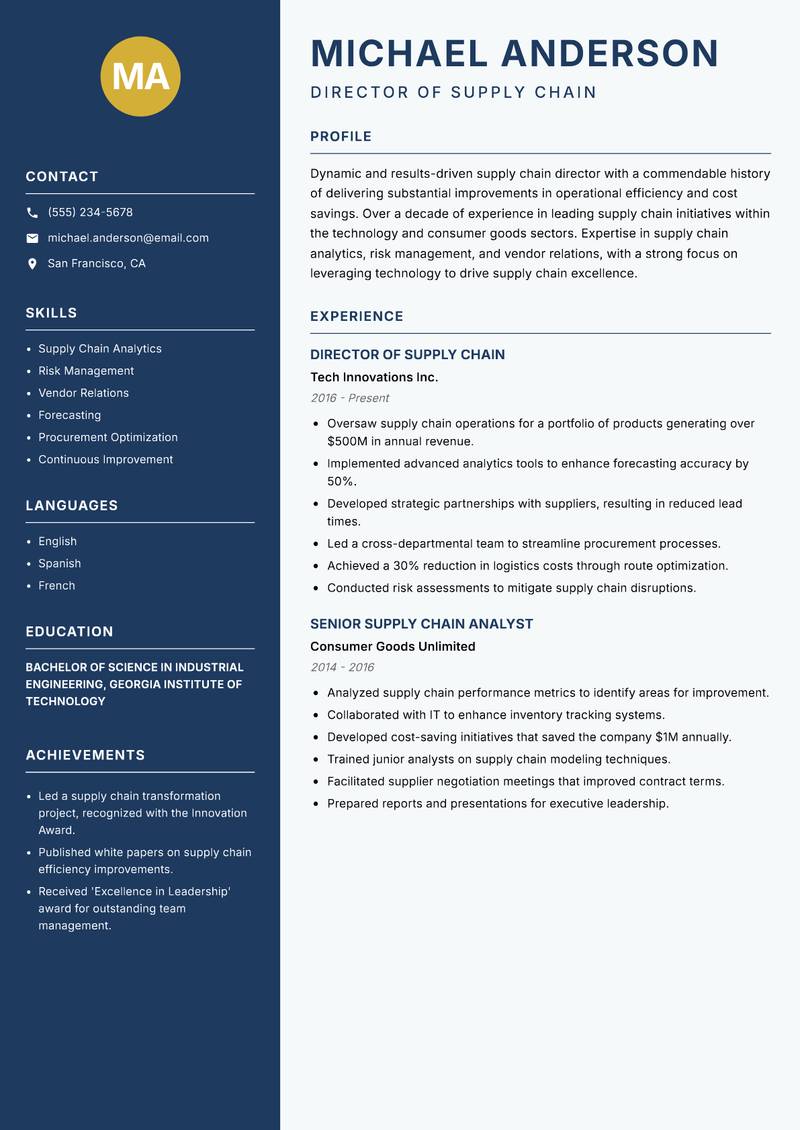 Director of Supply Chain Resume Preview Example