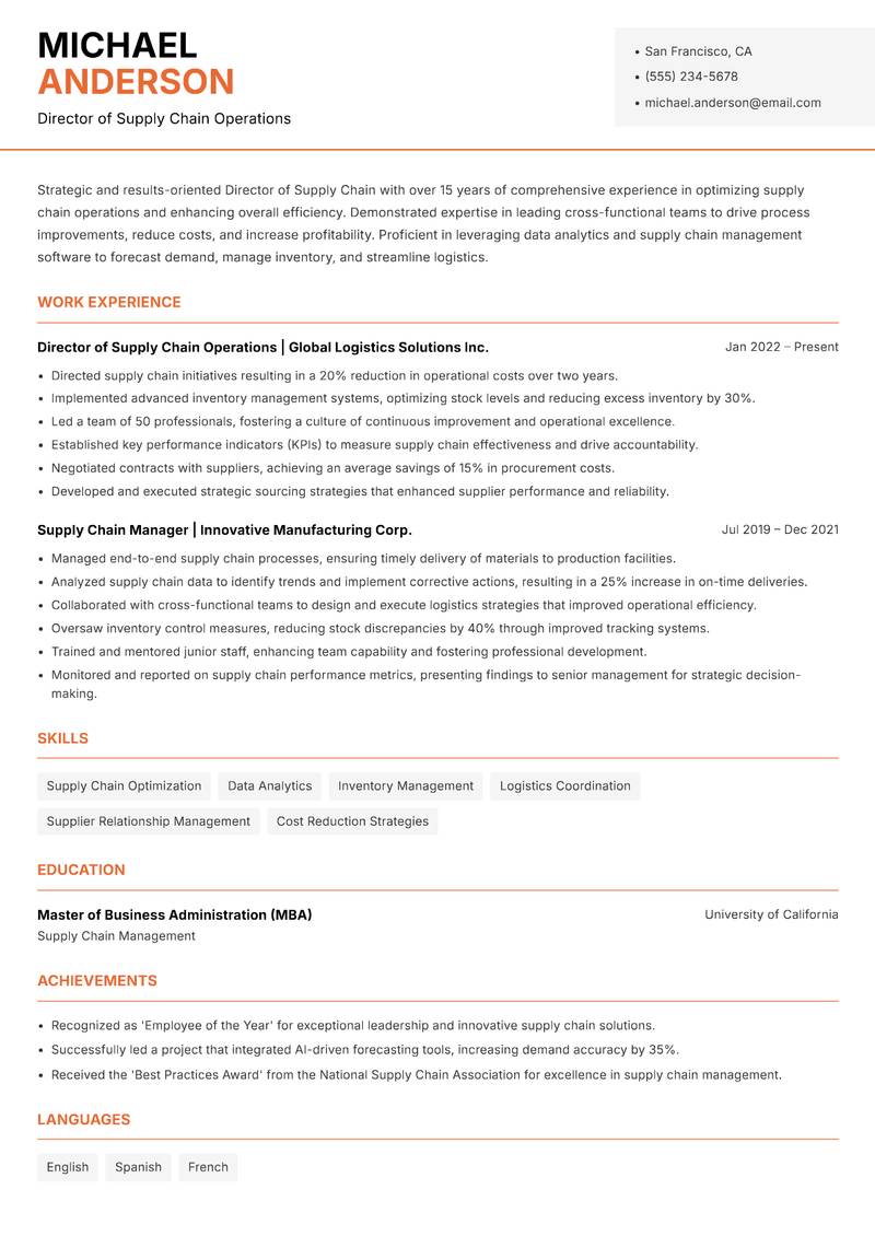 Director of Supply Chain Resume Template