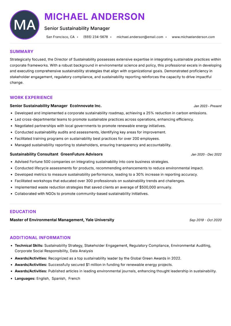 Director of Sustainability Resume Preview Example