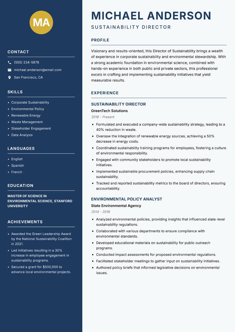 Director of Sustainability Resume Preview Example