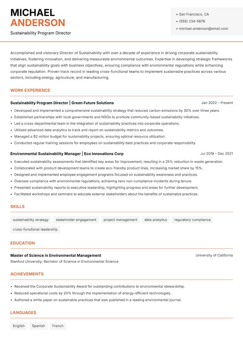 Director of Sustainability Resume Template