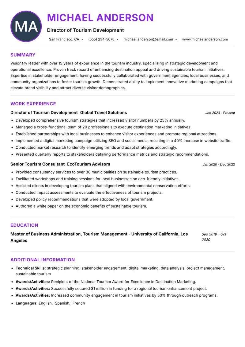 Director of Tourism Resume Preview Example