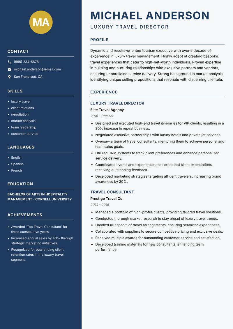 Director of Tourism Resume Preview Example