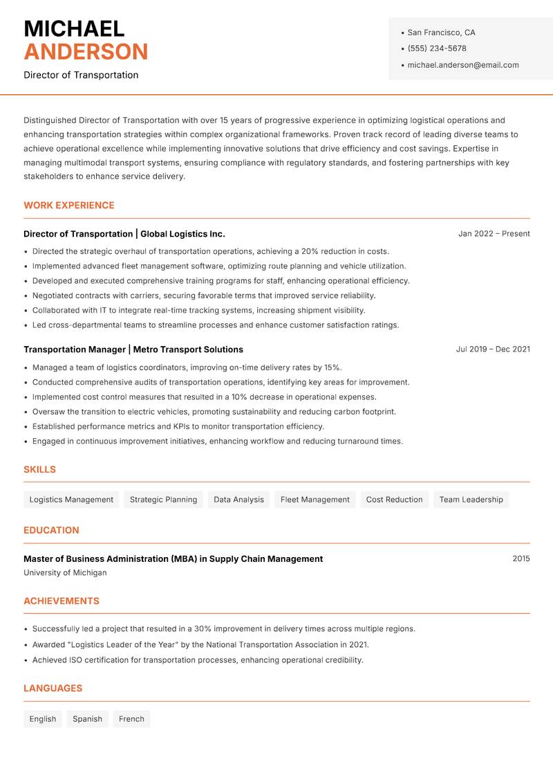 Director of Transportation Resume Template