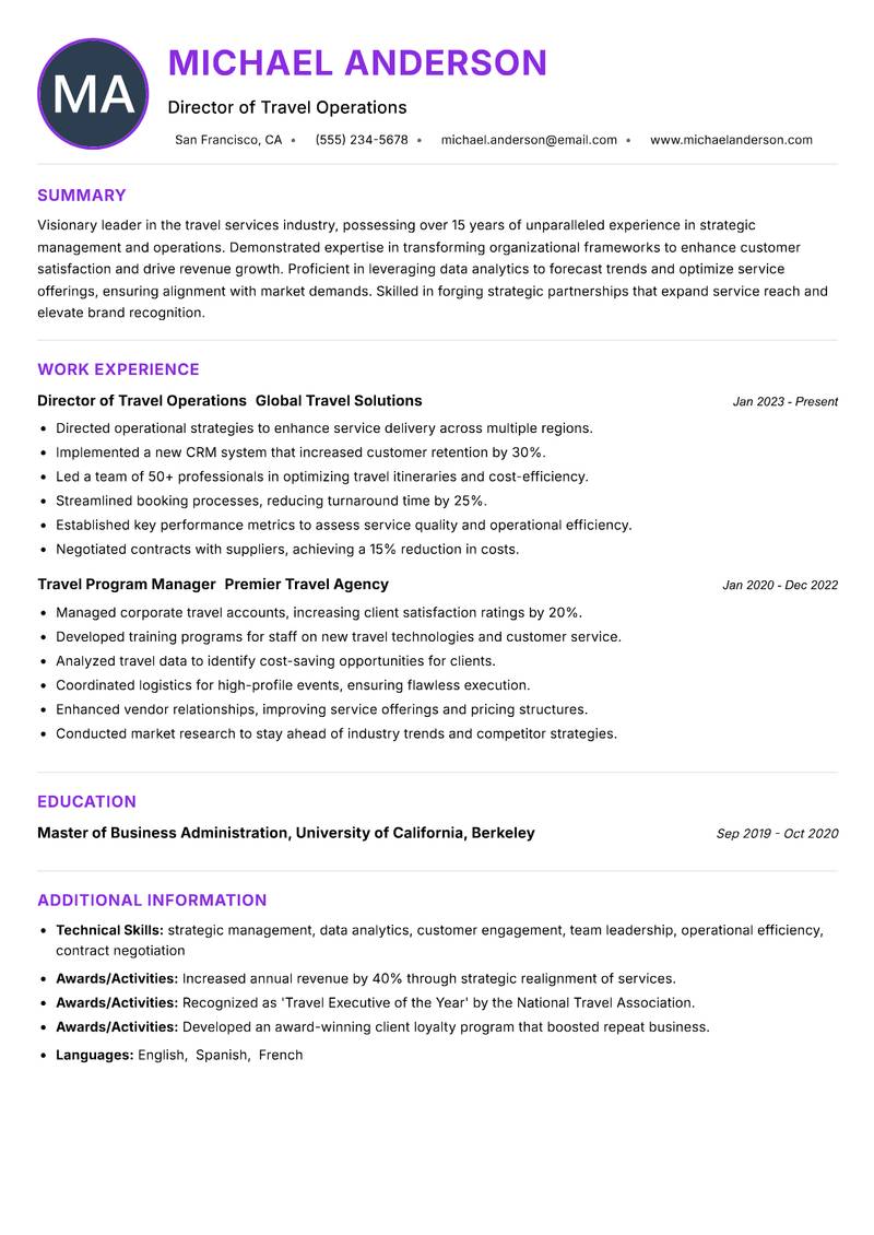 Director of Travel Services Resume Preview Example