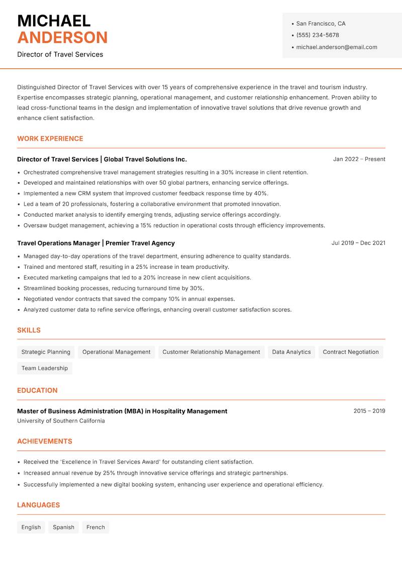 Director of Travel Services Resume Template