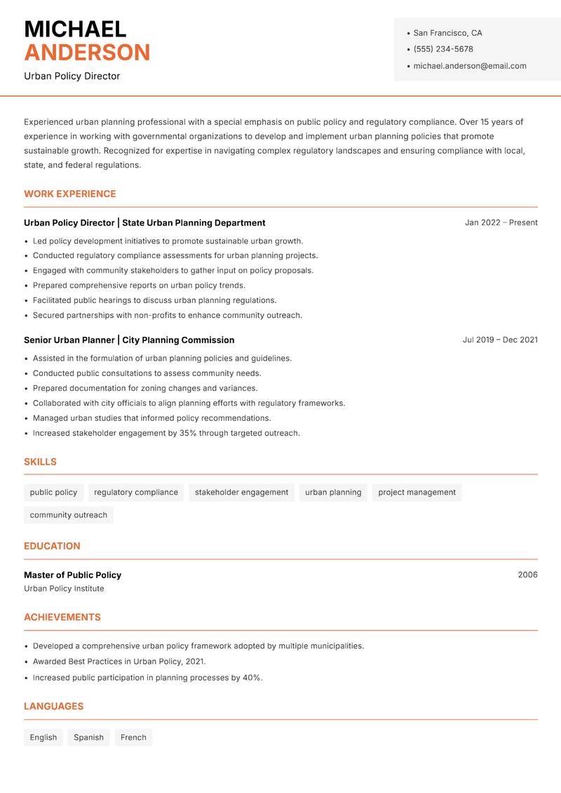 Director of Urban Planning Resume Template