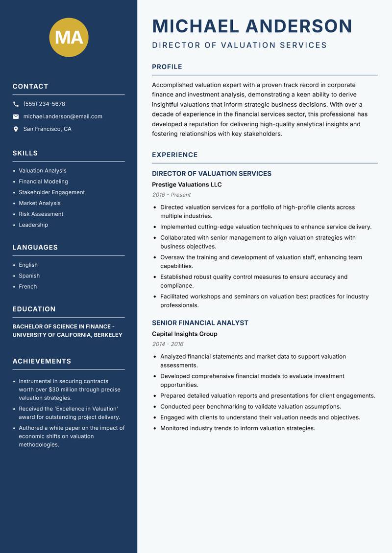 Director of Valuation Resume Preview Example