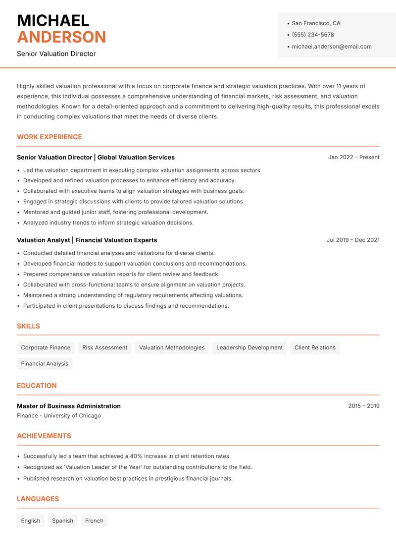 Director of Valuation Resume Template