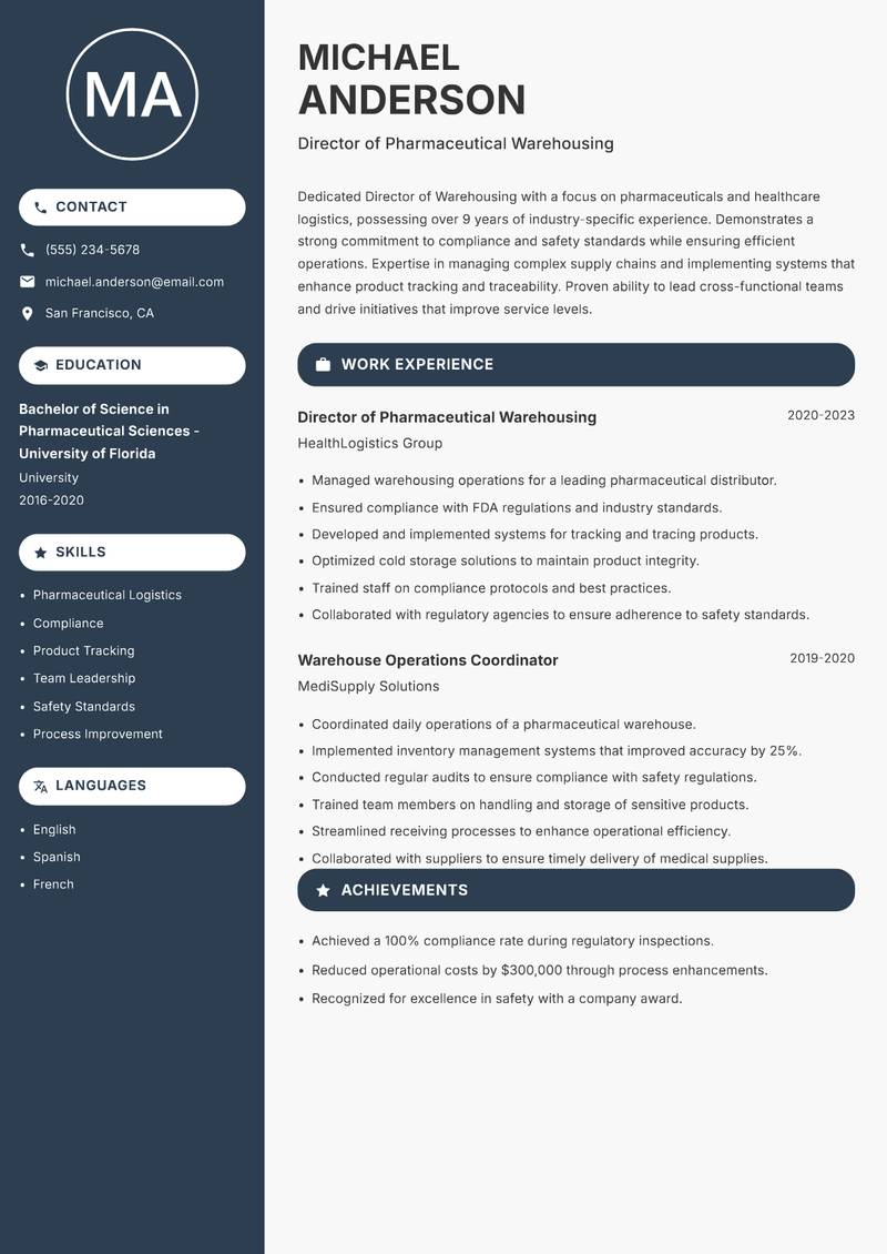 Director of Warehousing Resume Preview Example