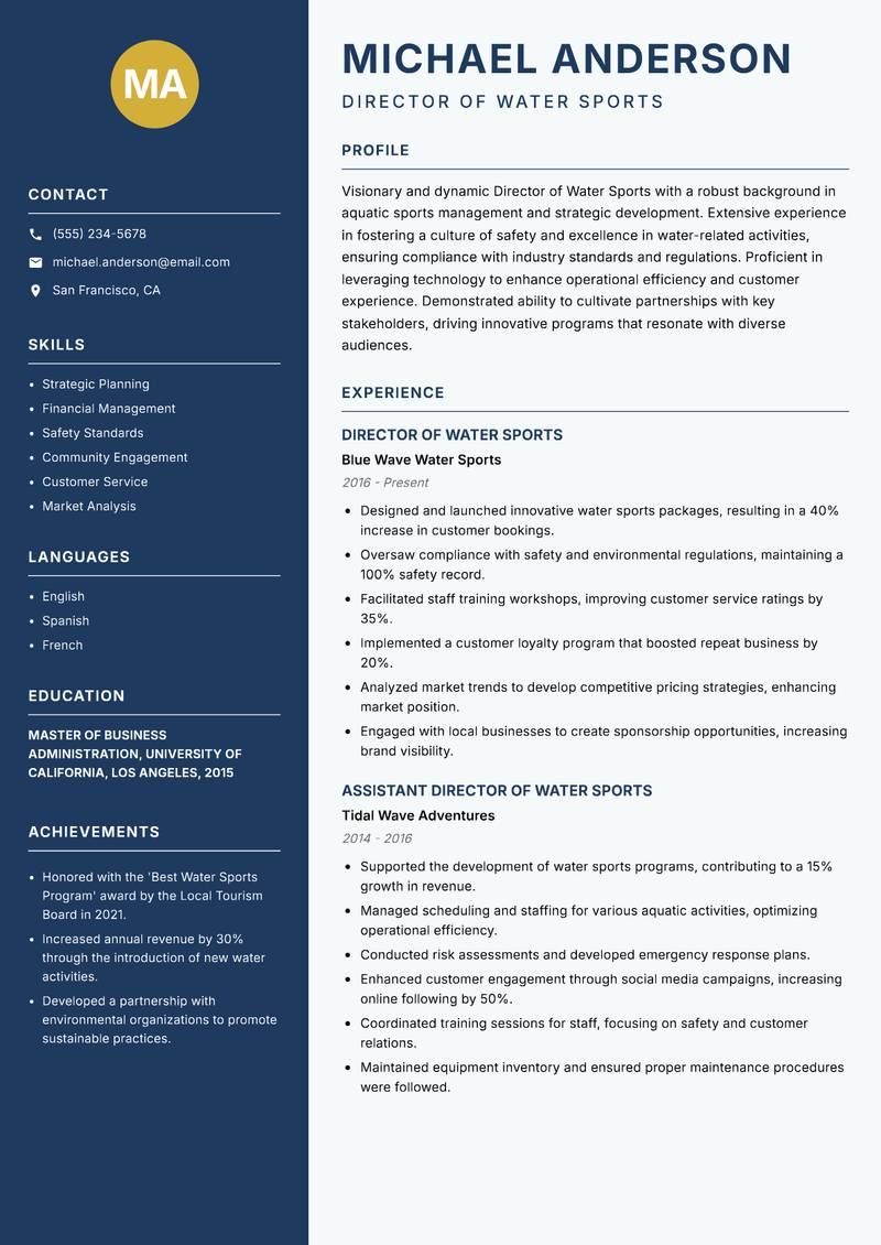 Director of Water Sports Resume Preview Example