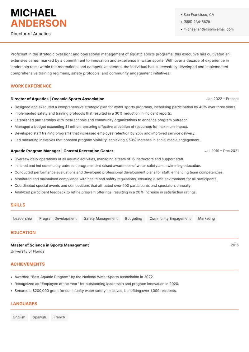 Director of Water Sports Resume Template