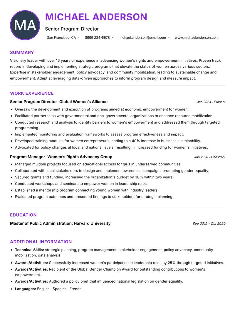 Director of Women Empowerment Resume Preview Example