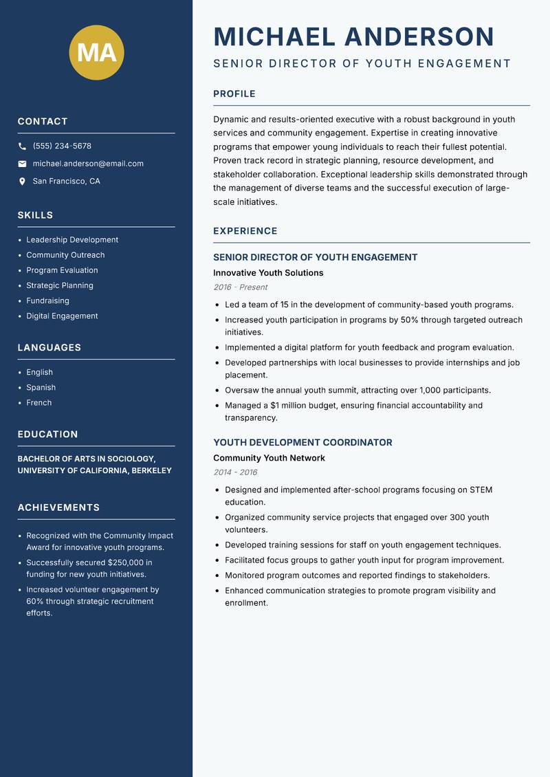 Director of Youth Development Resume Preview Example