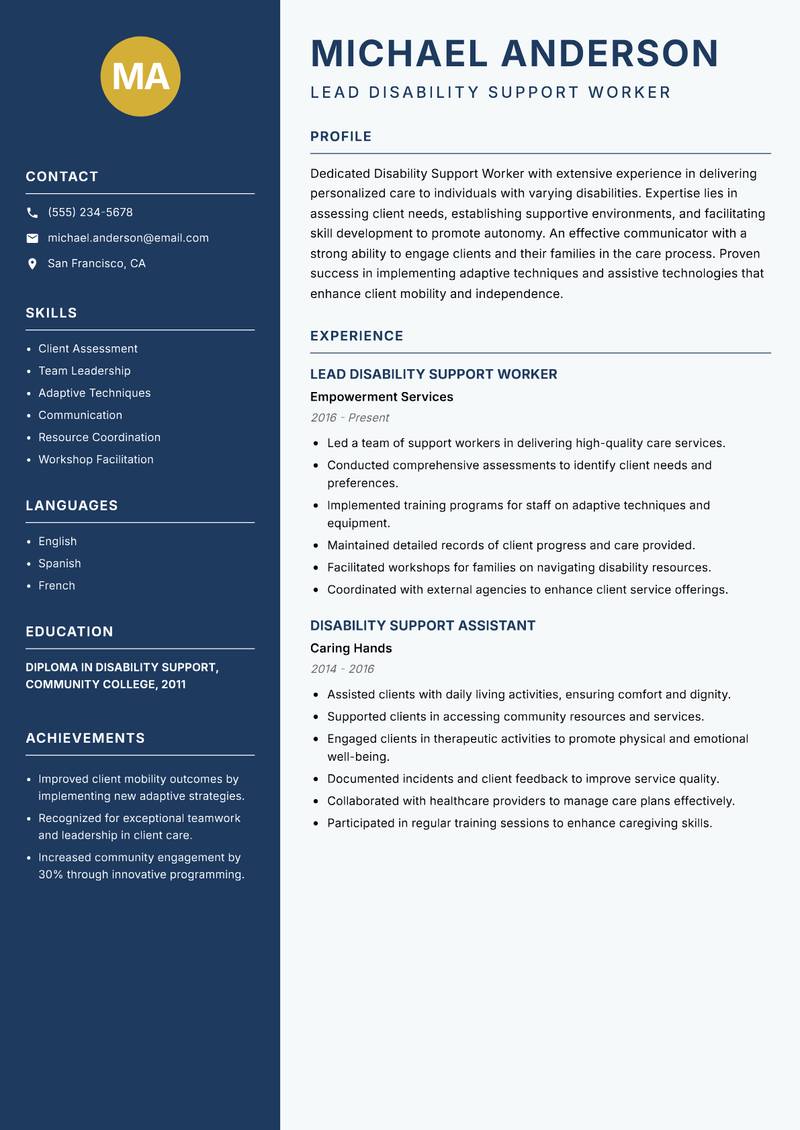 Disability Support Worker Resume Preview Example