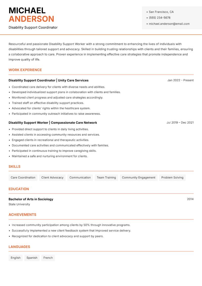 Disability Support Worker Resume Template