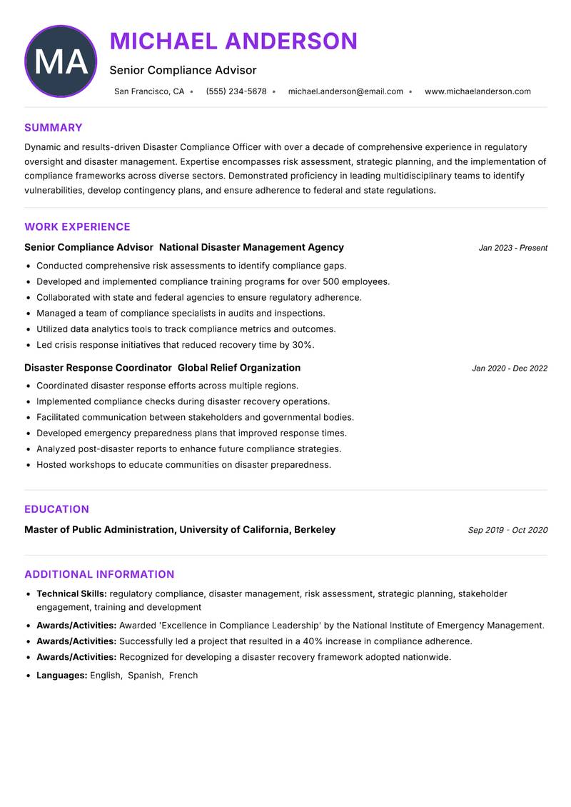 Disaster Compliance Officer Resume Preview Example