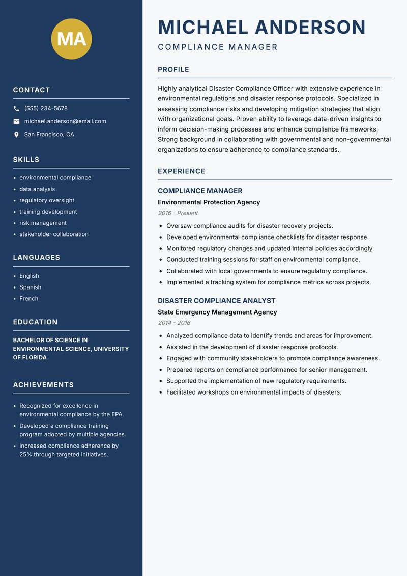 Disaster Compliance Officer Resume Preview Example